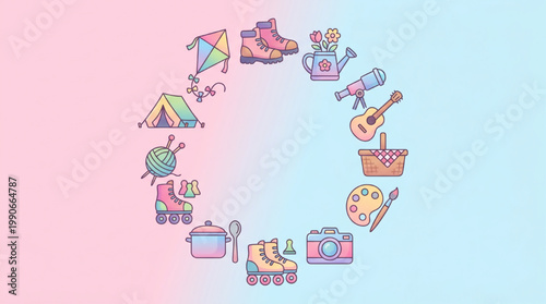 Pastel color icons arranged in a circle representing hobbies and leisure activities