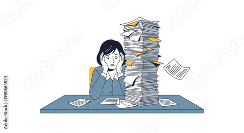 Businesswoman overwhelmed by tax paperwork stack on kitchen table illustration