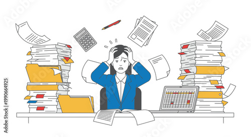 Businesswoman overwhelmed by paperwork chaos during tax season illustration