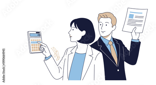 Businesswoman pointing at calculator while businessman holds document illustration