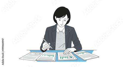 Businesswoman Reviewing Financial Documents Carefully Minimalist Vector Illustration