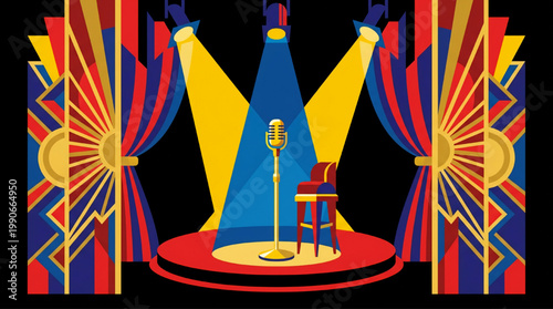 Vintage Microphone on Stage with Spotlight and Chair.