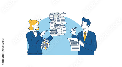 Businesswoman showing receipt pile to businessman reviewing taxes illustration