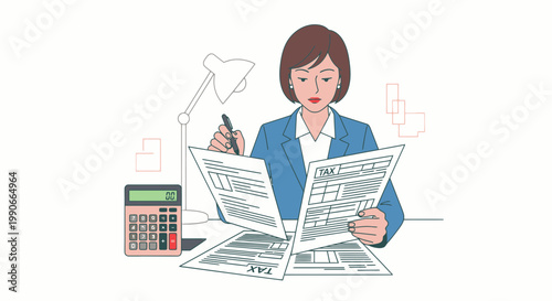 Businesswoman reviewing tax documents beside calculator illustration