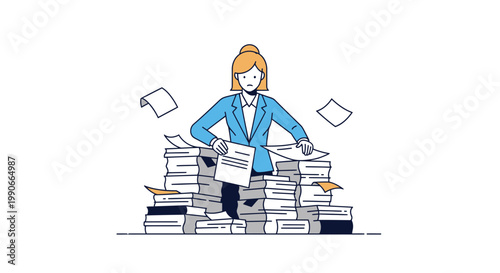 Businesswoman sorting messy paperwork piles flat vector illustration