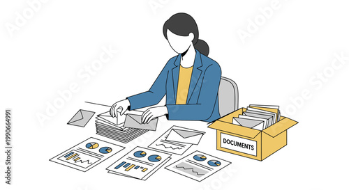 Businesswoman sorting envelopes and financial documents illustration