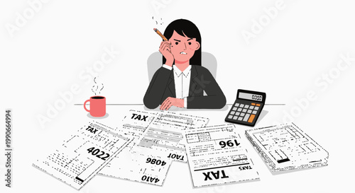 Businesswoman at kitchen table with messy tax forms and calculator illustration