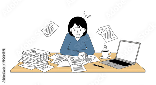 Businesswoman stressed by messy paperwork at kitchen table illustration