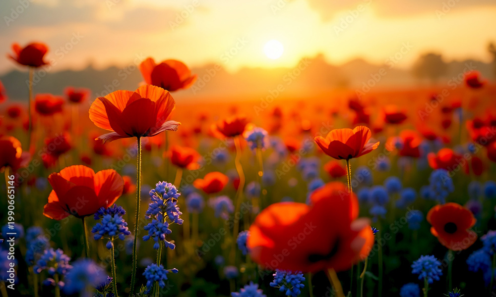 Fototapeta premium Vibrant red poppy field at sunset with soft blue wildflowers.