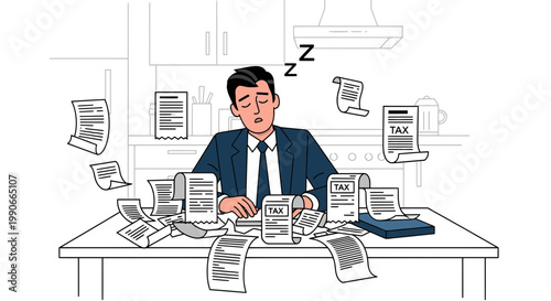 Sleepy businessman with receipts and tax papers on kitchen table illustration