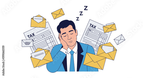 Sleepy businessman surrounded by envelopes and tax forms flat vector illustration