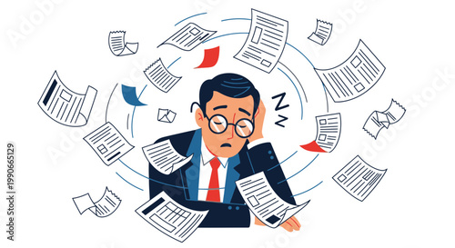 Sleepy businessman surrounded by receipts and forms vector illustration