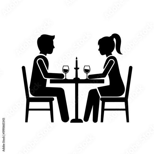 Silhouette icon of a couple enjoying a romantic candlelit dinner with wine at a table.