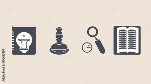 Monochrome illustration of a notebook with a lightbulb, lab beaker, magnifying glass, clock, and book