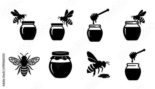 Black honey bee icons and glass jars set, 8 organic honey production vector symbols, minimalist bumblebee and honey dipper silhouettes for logo design