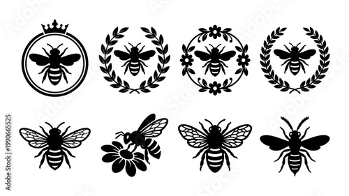 Vintage honey bee icons set, black bumblebee silhouettes with laurel wreaths and crown, 8 vector honeybee logo elements for organic branding