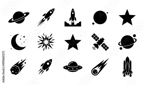 Space exploration icon set with 15 black vector silhouettes, minimalist galaxy and astronomy symbols, rocket ships and planets for UI design