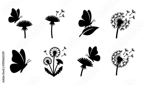 Black dandelion silhouette icons with flying butterflies, set of 8 floral vector elements, blowing seeds and spring meadow plants on white background