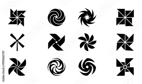 Minimalist black pinwheel icons set, 12 geometric windmill vector silhouettes, abstract paper fan and turbine symbols for branding and logo design
