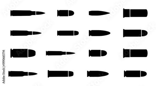 Bullet silhouette icon set, 16 ammunition vector elements for gun and rifle cartridges, black weapon projectile symbols on white background