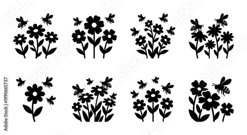 Minimalist black flower and bee silhouettes, set of 8 floral garden icons, botanical spring blossom vector illustrations for branding and logos