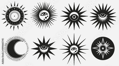 Black and white esoteric illustrations of celestial bodies, including suns, moons, and eyes