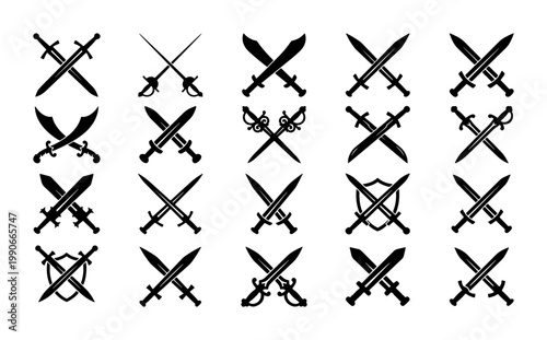 Medieval crossed swords silhouette collection, 20 black blade icons set, historical knight weaponry and battle symbols for gaming and heraldry