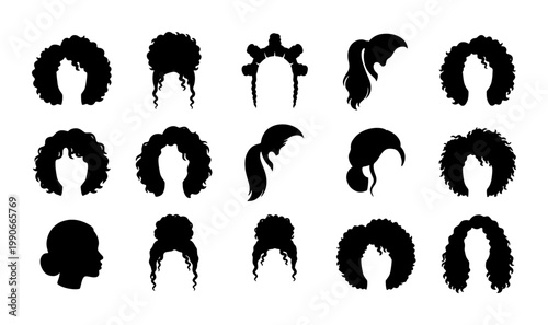 Natural hair silhouette collection, set of 15 black woman hairstyle icons, curly afro and ponytail vector elements for beauty branding