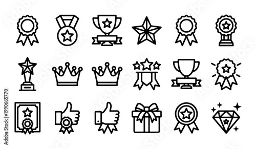Minimalist award line icons, 18 trophy and medal vector symbols, black outline achievement graphics for business success and gamification