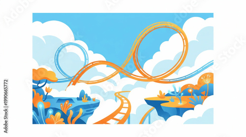 Roller coaster track in the clouds surreal landscape illustration