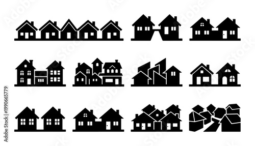 Minimalist house icons set, black silhouette residential building vector collection, suburban home and neighborhood street symbols for real estate maps