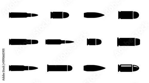 Bullet silhouette icons set of 12 vector elements, ammunition and gun cartridge symbols, military weapon ammunition types for hunting and defense
