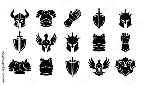 Medieval knight armor icons set, black silhouette warrior equipment collection, 15 fantasy battle gear vector elements for gaming and heraldry