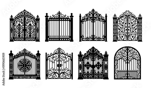 Wrought iron gate silhouettes, set of 8 decorative metal fence portals, vintage ornamental garden entrance vectors, classic architectural gate designs