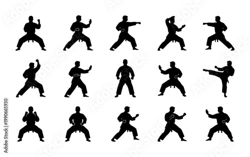 Martial arts karate silhouettes set of 15 icons, black fighter figures in combat poses, sport training and self defense vector elements for design