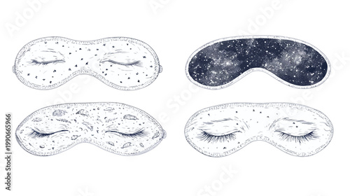 Four stylized eye masks with closed eyes, stars, dots, and a gradient background, on white background