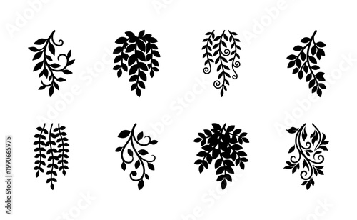 Black silhouette hanging plants vector set, 8 botanical leaf branch icons, minimalist floral vine illustrations for logo design and wedding decor