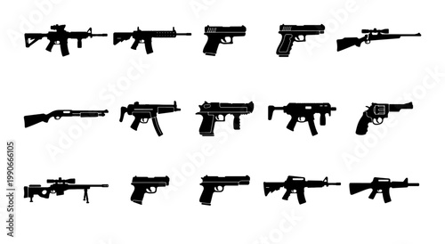 Military firearms silhouette collection, 15 black gun icons including assault rifles and handguns, tactical weapon vector set for gaming and security