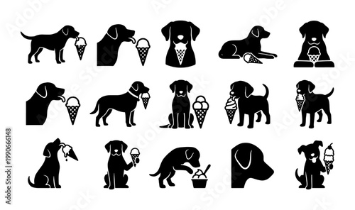 Black dog silhouette icons with ice cream, labrador retriever puppy eating summer treats, set of 15 vector graphics for pet shop branding