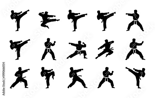 Martial arts karate silhouettes set, 15 black vector icons of fighters in action poses, taekwondo and judo combat positions for sports design