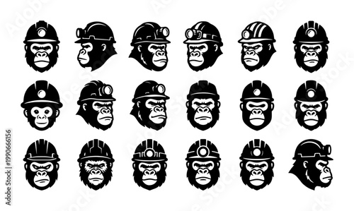 Gorilla miner mascot collection, 18 ape head vector icons wearing industrial hard hats and mining lamps, black and white primate construction worker logos
