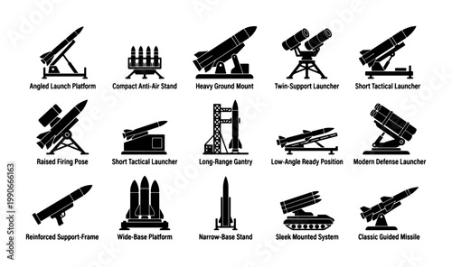 Military missile launcher icons set, 15 black silhouette rocket defense systems, tactical ballistic weapon platforms and artillery vector collection