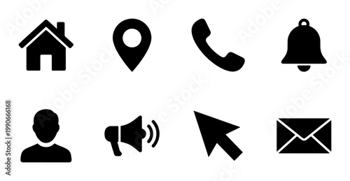Minimalist black web icon set, 8 essential interface symbols for website navigation, flat vector contact and communication signs for mobile apps