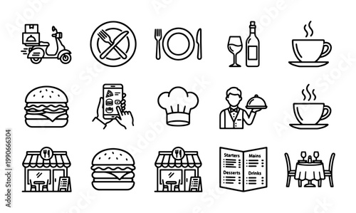 Restaurant and food delivery line icons, set of 15 black outline symbols for dining and catering services, cafe and fast food vector elements
