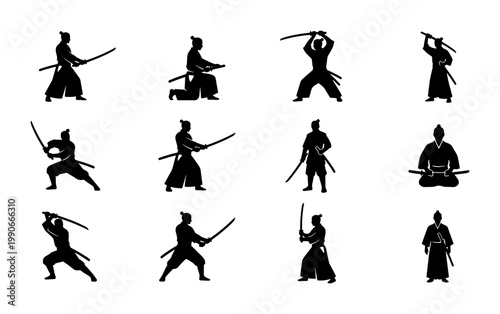 Japanese samurai silhouette collection, 12 warrior vector set with katana swords, traditional ronin martial arts poses, black bushido fighter icons