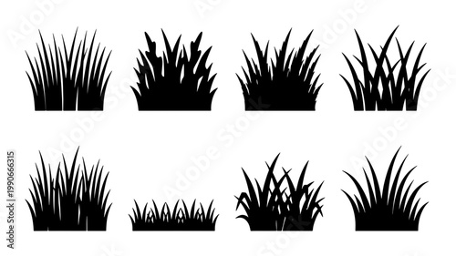 Black grass silhouette collection, set of 8 nature plant vector elements, botanical lawn tuft icons for landscape design and garden illustrations