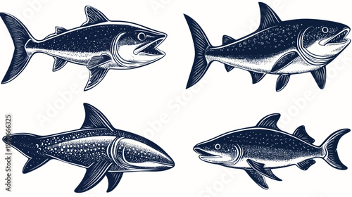 Four stylized illustrations of fish, rendered in a dark navy blue on a white background