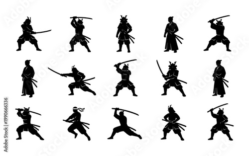 Japanese samurai warrior silhouettes, 15 black vector icons of ronin in combat poses, traditional bushido fighter set with katana swords and armor