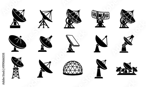 Satellite dish icon set, 15 black silhouette parabolic antenna vectors, telecommunication radar and radio telescope equipment for space research