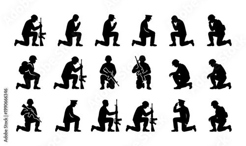 Military soldier silhouette set, 18 kneeling army veteran icons, praying and mourning infantry figures, black vector silhouettes for memorial day